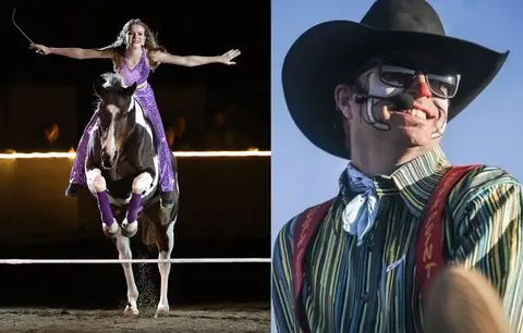 A collage showing a rider performing on a jumping horse and a person wearing clown makeup and a cowboy hat.