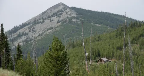 A cabin nestled in a forested mountain landscape.