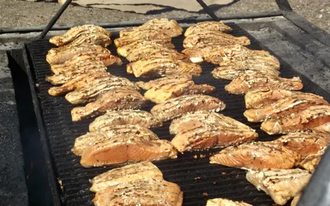 Salmon fillets are cooking on a large outdoor grill.
