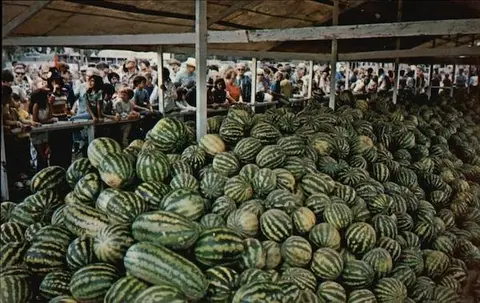 A massive pile of watermelons under a pavilion with a crowd watching.