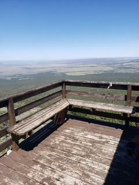 A wooden lookout platform with benches overlooks a vast forested landscape under a blue sky.