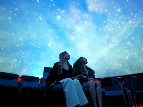 Two people looking up at a planetarium dome projection.