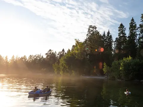 People ride in a paddle boat and float in a lake surrounded by trees under a bright sky.