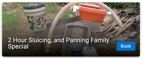 Gold panning and sluicing equipment set up outdoors with a promotional text overlay.