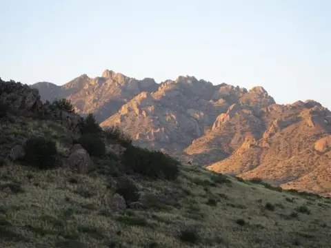 A rugged mountain range rises behind a grassy hillside.