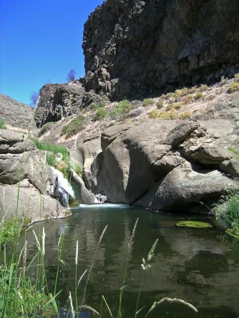 A small waterfall flows into a pool surrounded by rocky cliffs and green vegetation.