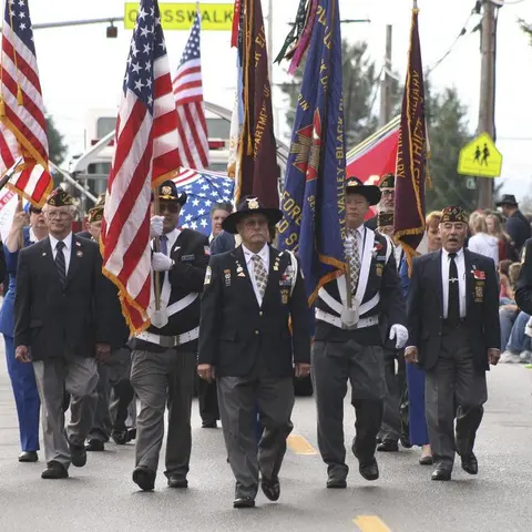 A group of veterans in uniform carry flags in a parade.
