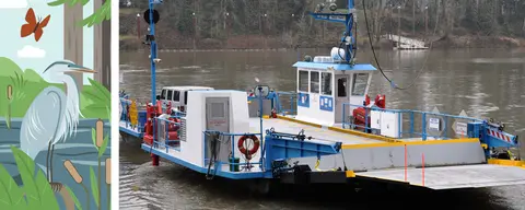 A ferry travels on a river next to a panel featuring an illustration.