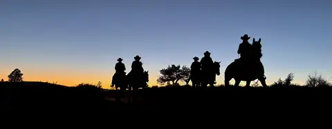 Silhouettes of riders on horseback at sunset.