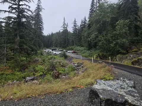A paved road curves through a forest toward a parking lot with cars.