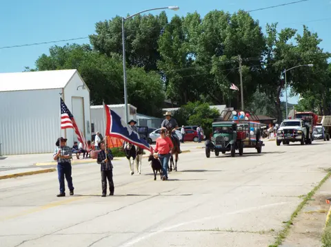 People carrying flags and walking animals in a street parade.