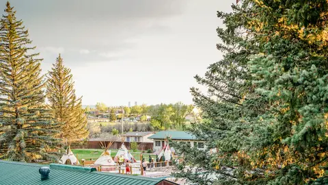 A view of a resort area with teepees among pine trees.