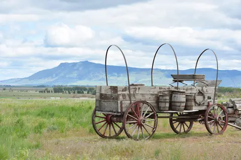 An old wooden wagon sits in a field with a mountain in the background.