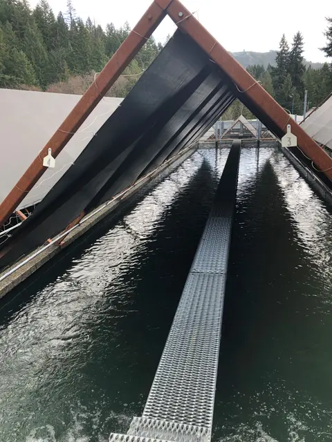 An outdoor water channel with a metal walkway and a slanted covering structure.