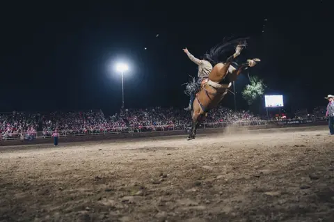 A cowboy rides a bucking horse at a rodeo under night lights.