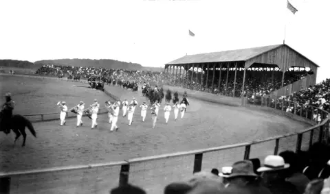A marching band and horses perform in an arena with crowds watching from stands.