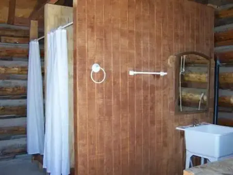 An interior view of a rustic bathroom with wood paneling and log walls.