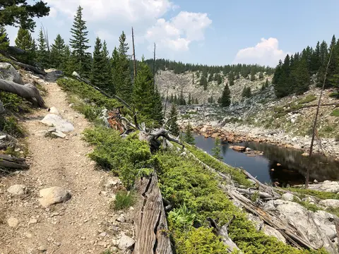 A dirt hiking trail winds through a mountainous landscape alongside a calm stream.