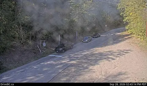 A traffic camera view showing cars driving on a road surrounded by trees with some smoke or haze.
