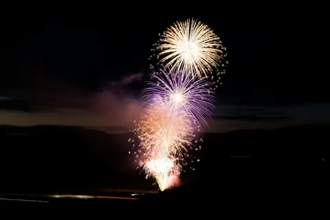 Fireworks light up the night sky over a dark landscape.
