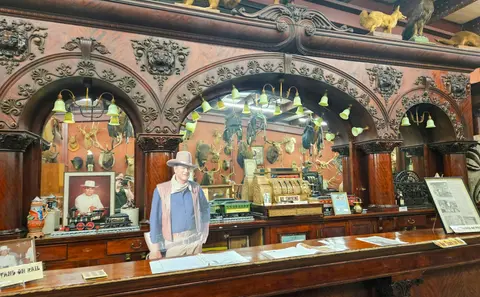 A large wooden bar counter and ornate carved wooden backbar adorned with taxidermy and display items.