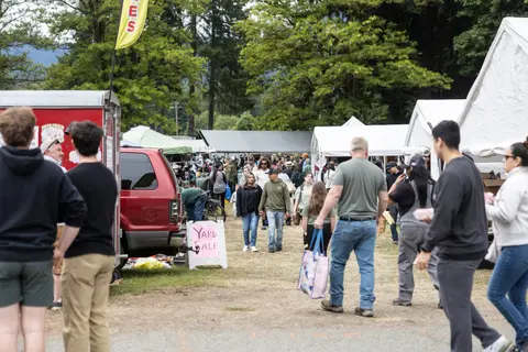People walking through an outdoor market or yard sale event.