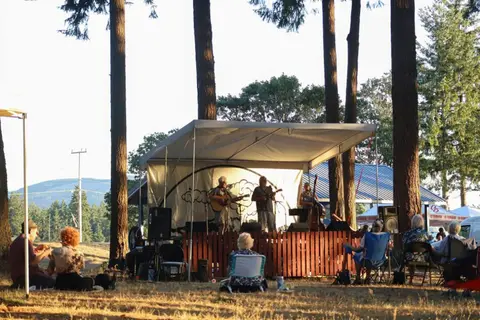 A band performs on an outdoor stage beneath a canopy among trees, with people sitting on the grass watching.