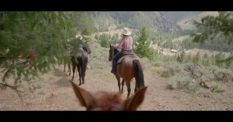 People ride horses on a trail through a valley.