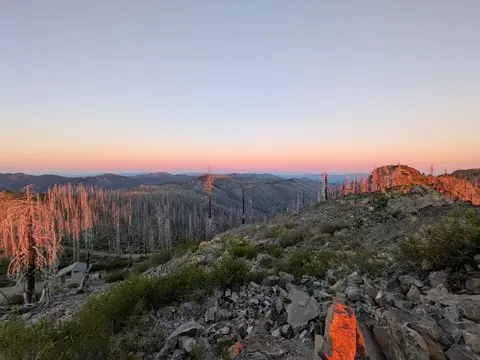 A mountain landscape showing distant ridges and a forest of dead trees under a colorful sky.