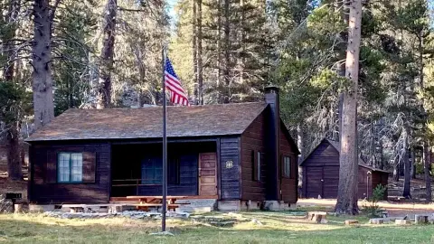 A wooden cabin in a forest with an American flag flying in front.