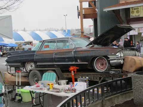 Classic car on trailer, Early Bird Swap Meet.