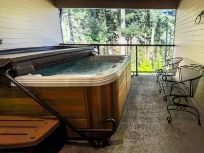 A hot tub on a balcony with a view of trees.