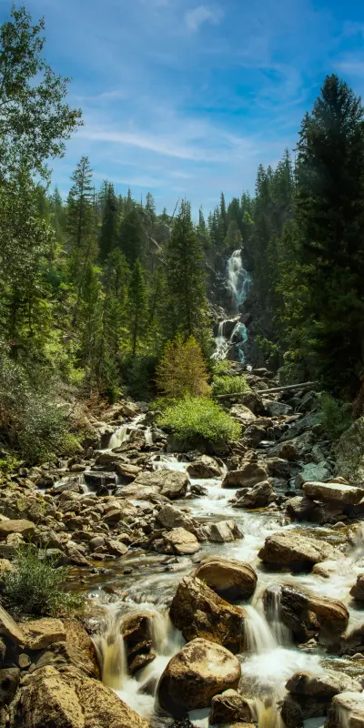 A waterfall flows down a rocky stream through a forest under a blue sky.