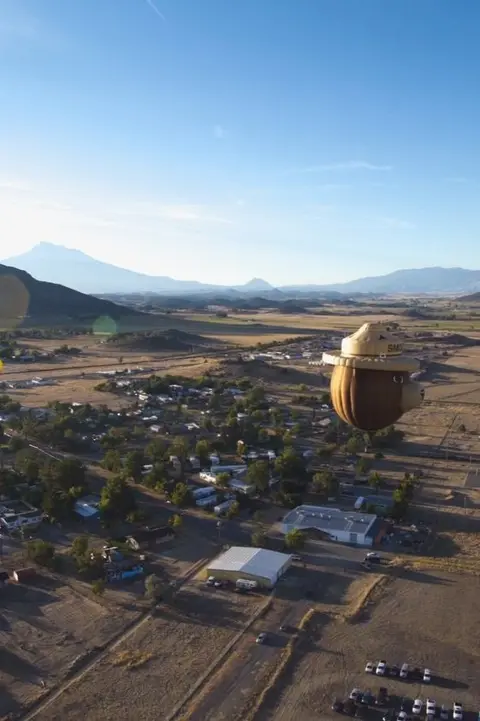 A hot air balloon shaped like a bear wearing a ranger hat flies over a rural landscape.