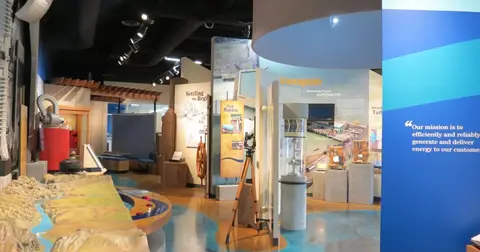 An interior view of a museum exhibit showcasing various displays and models.