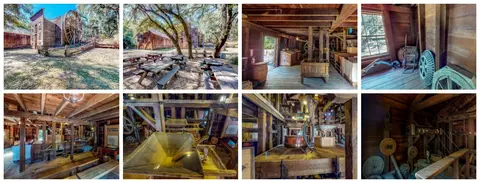 A collection of photos showing the exterior and interior of an old wooden mill.