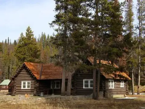 A log cabin nestled among tall evergreen trees in a forest landscape.