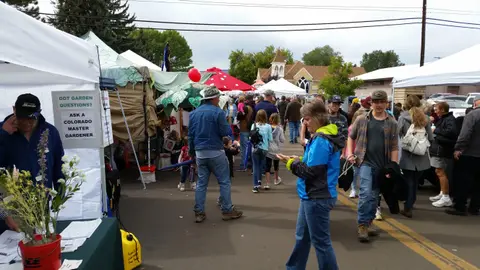 People walking through an outdoor street market with tents and booths.