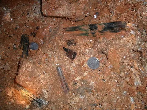 A close-up view of dark mineral crystals embedded in reddish-brown clay dirt alongside a coin for scale.