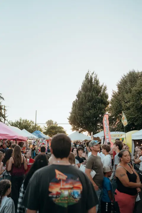A crowd of people walking through an outdoor street market or fair.