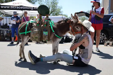 A man sits on the ground and embraces a pack donkey at an outdoor event.