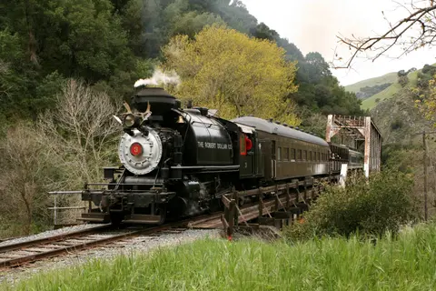 A vintage steam locomotive crosses a bridge in a wooded valley.