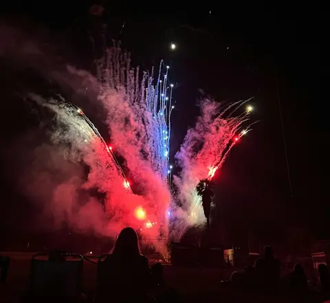 People watch colorful fireworks light up the night sky.