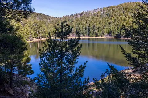 A scenic view of a lake surrounded by forest and mountains.