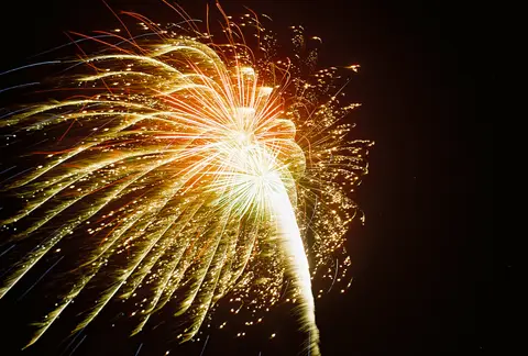A photograph shows fireworks bursting in the night sky.