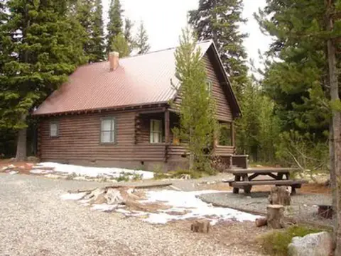 A log cabin surrounded by trees with some snow on the ground.