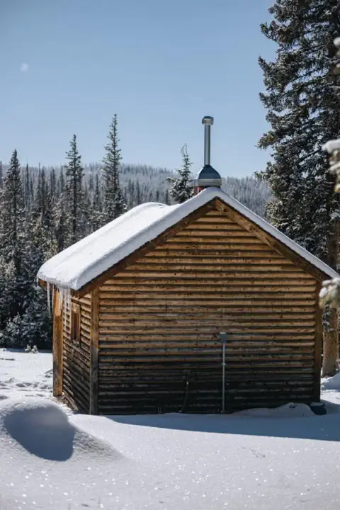 A log cabin in a snowy landscape with pine trees.