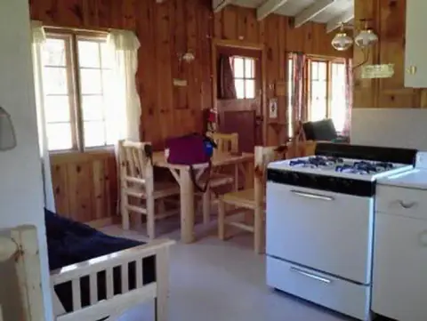 Interior view of a rustic cabin with wood paneling and a kitchen stove.