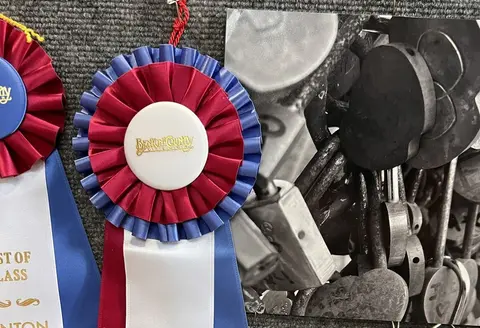 Ribbon awards pinned next to a black and white photograph.