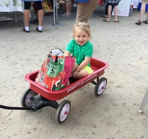 A young child sits in a red wagon outdoors.
